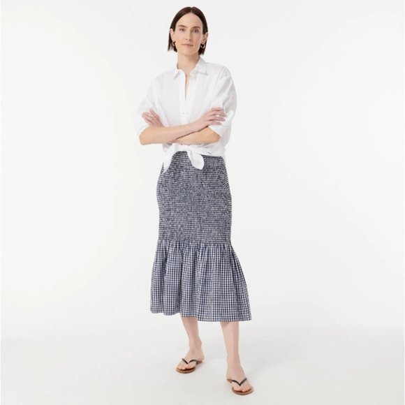 J. Crew Dresses & Skirts - J Crew Smocked Midi Skirt Gingham Size 4 Navy White